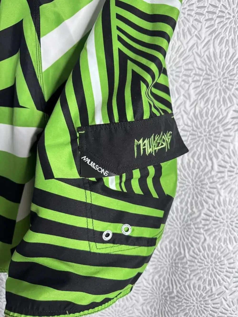 Maui and Sons Green Black Geometric Print Board Shorts Size 36 Swim Trunks